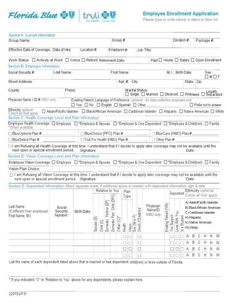 Florida Blue Employee Enrollment Application PDF Health Savings