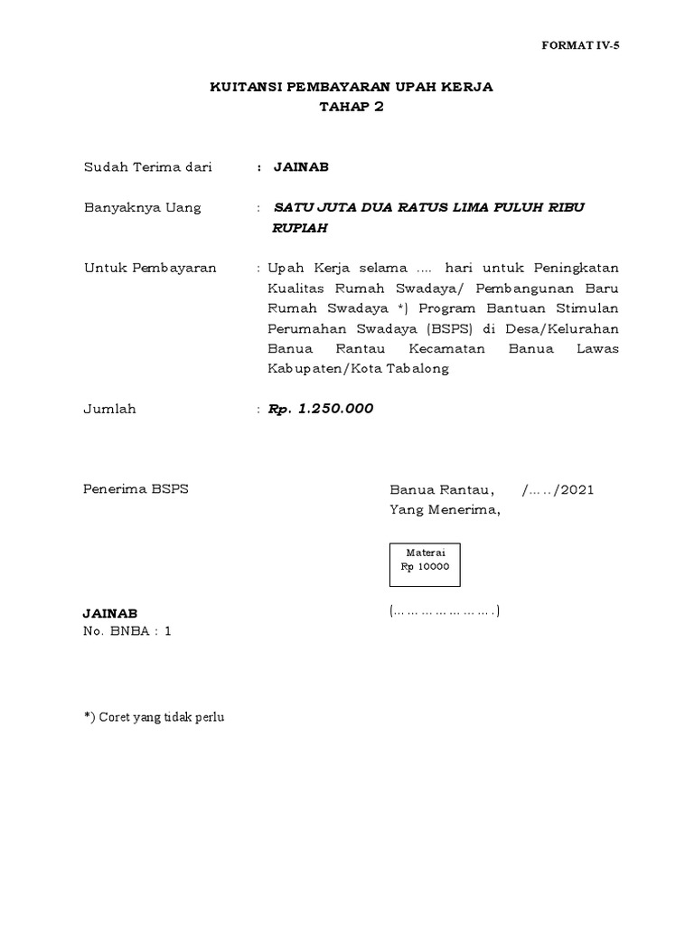 Kwitansi Pembayaran Upah Tukang | PDF