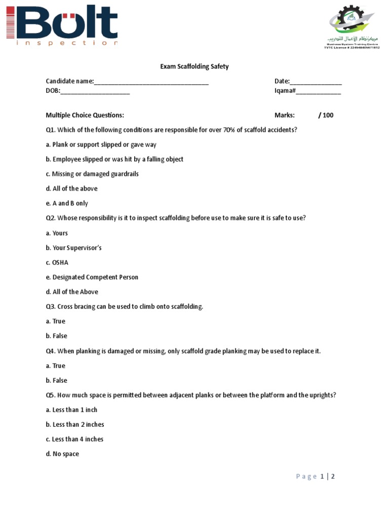 Scaffolding Safety Exam Questions | PDF