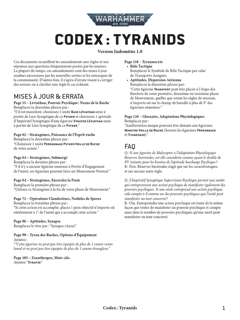 Mises à jour Codex Tyranids Indomitus | PDF