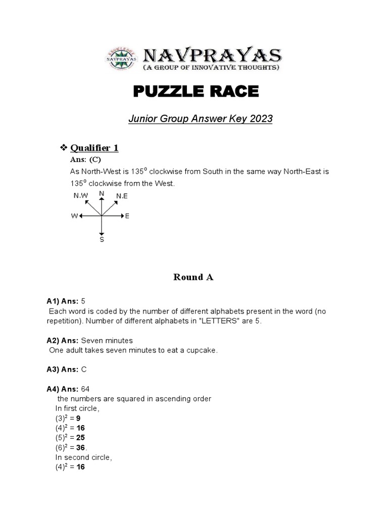 Junior Puzzle Race Answer Key 2023 | PDF | Chess