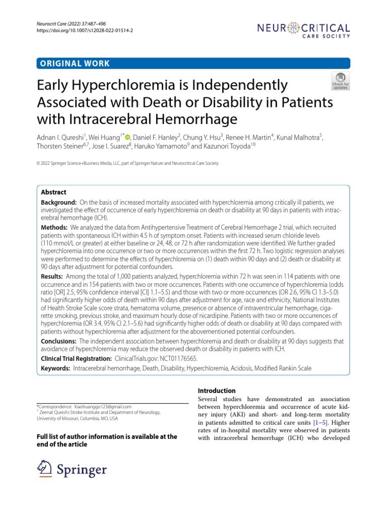 Early Hyperchloremia and ICH Outcomes | PDF | Stroke | Statistics