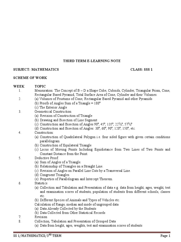 SS1 Mathematics Third Term Overview | PDF | Area | Triangle