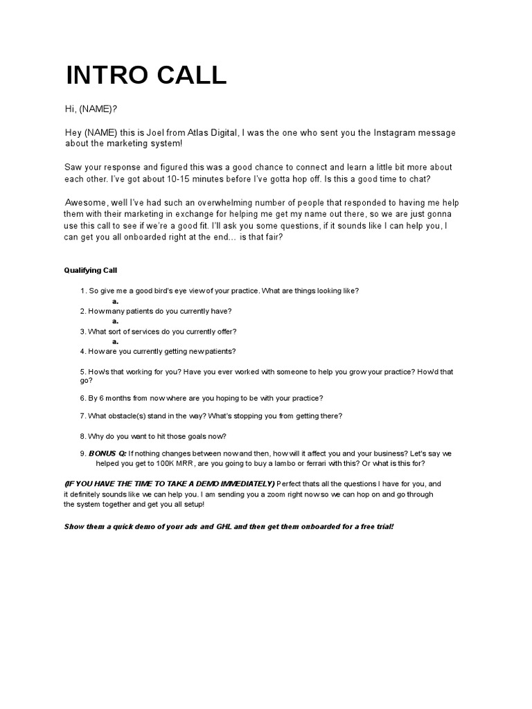 Marketing System Intro Call Script | PDF