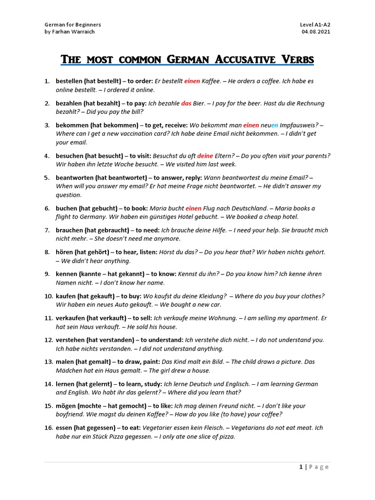 The Most Common German Accusative Verbs | PDF