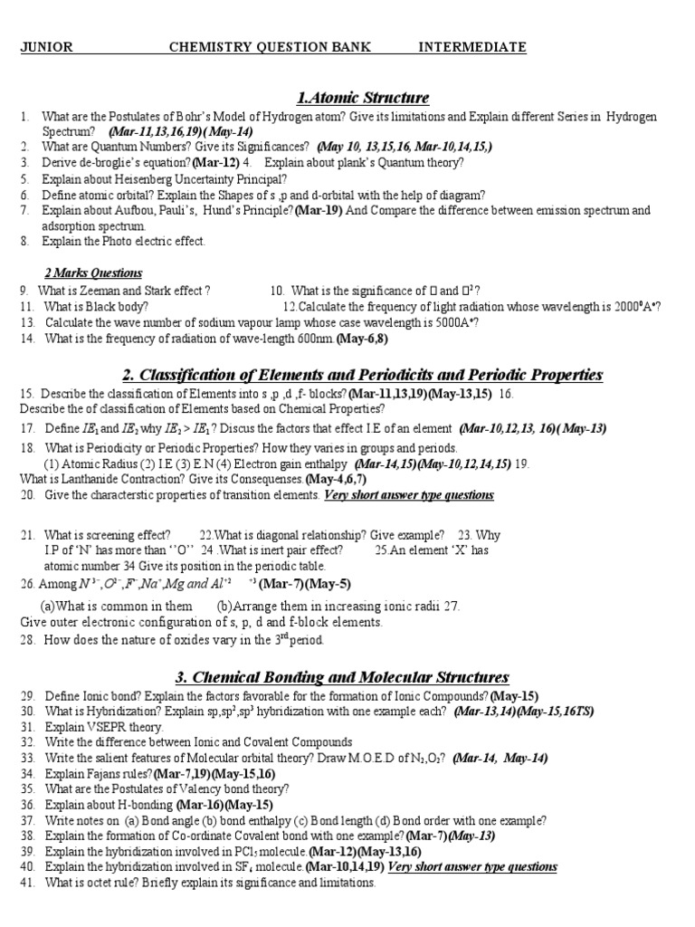 Intermediate Chemistry Question Bank | PDF | Chemical Bond | Gases