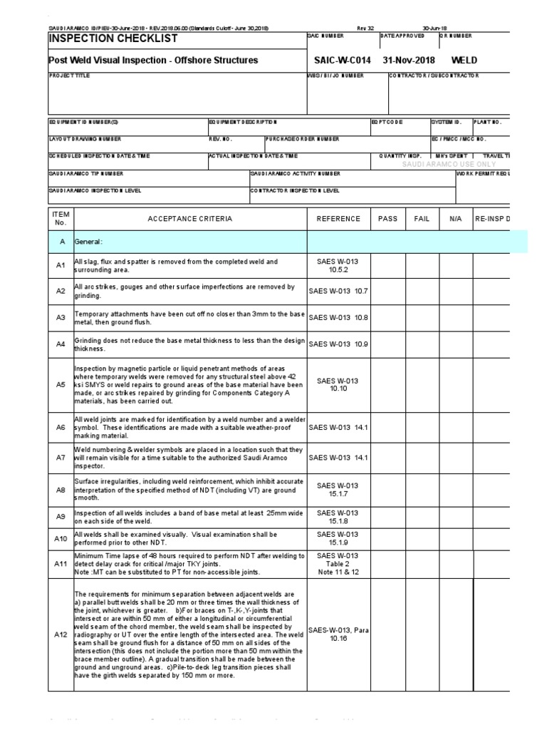 Offshore Weld Inspection Checklist | PDF | Welding | Construction