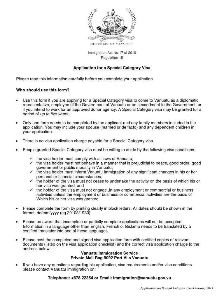 Application for Special Category Visa VANUATU PDF Travel Visa