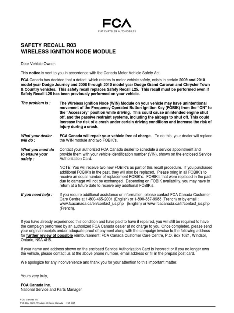 Safety Recall R03 Wireless Ignition Node Module The Problem Is PDF
