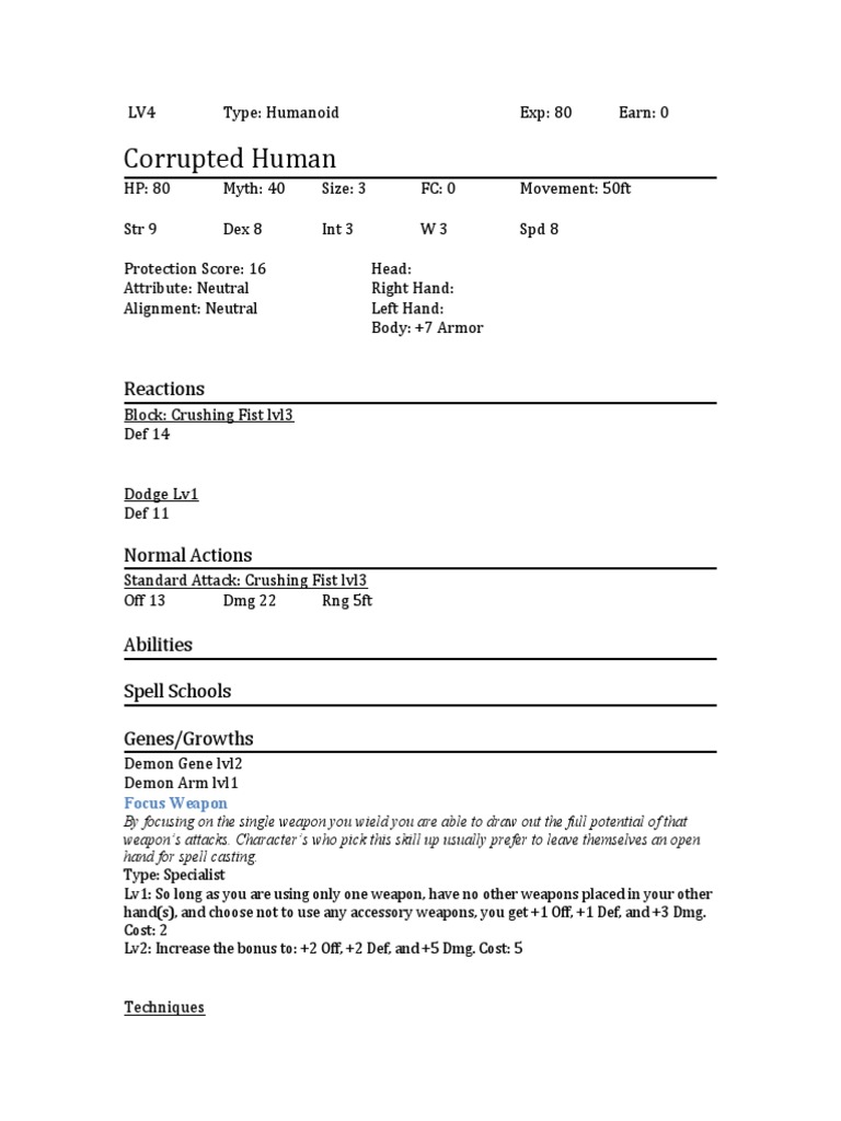 LV4 Corrupted Human Stats & Abilities | PDF