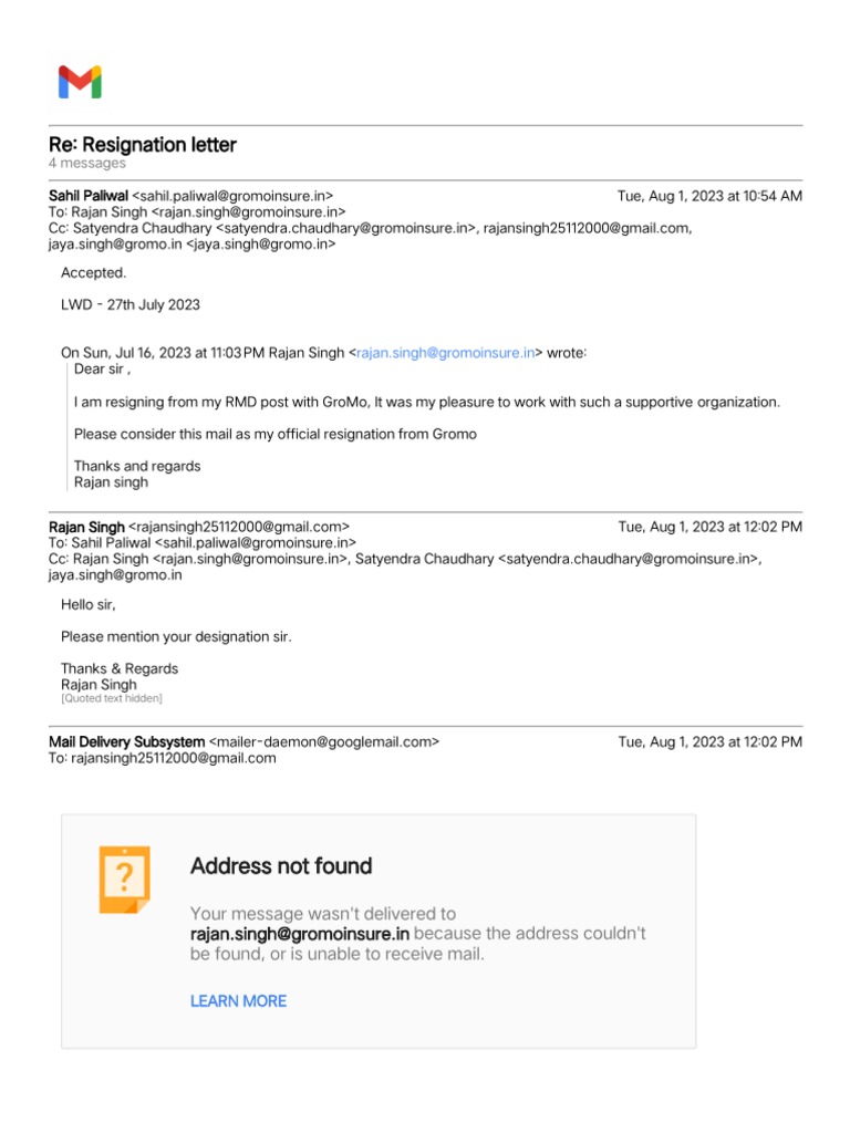 Gmail - Re - Resignation Letter | PDF