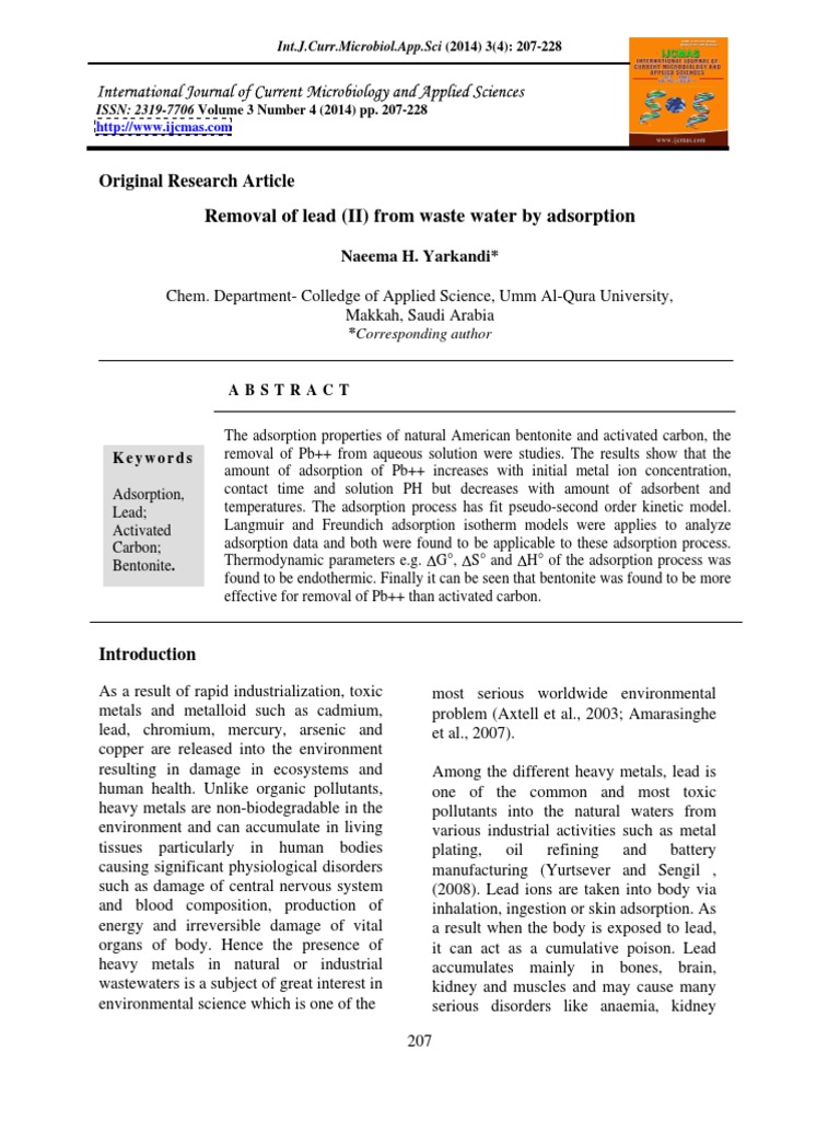 Lead Removal from Wastewater by Adsorption | PDF | Adsorption | Lead