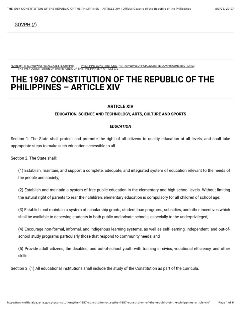 1987 Philippine Constitution: Article XIV Overview | PDF | Citizenship ...