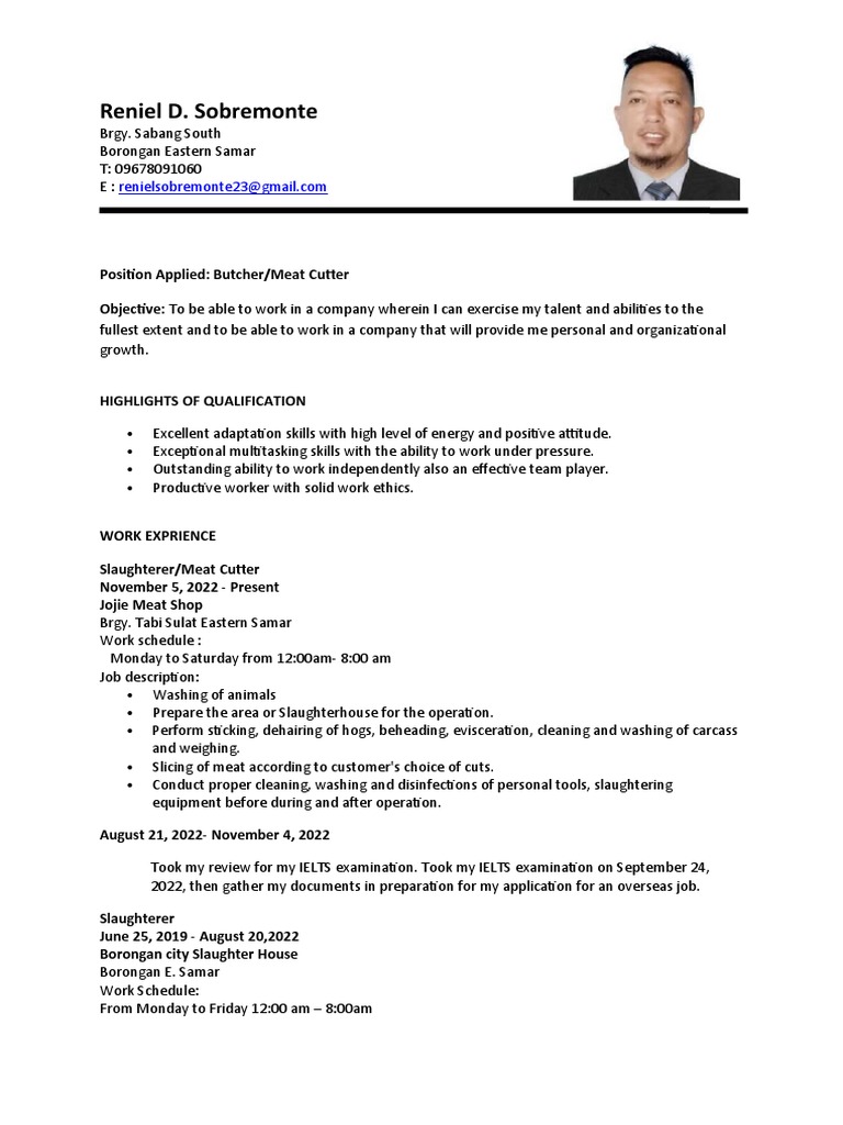 Butcher/Meat Cutter Resume | PDF | Slaughterhouse | Animal Killing