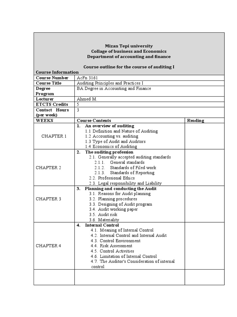 Auditing I Course Outline Download Free PDF Audit Internal Control