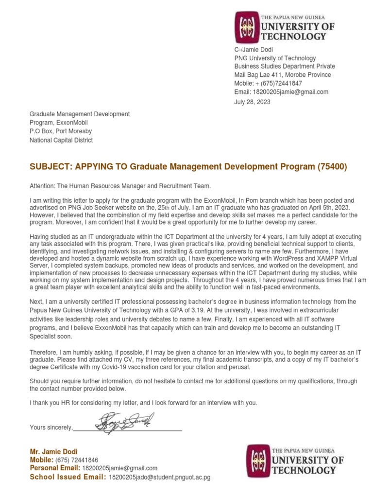 Jamie Dodi ExonMobil GDP 2024 Cover Letter PDF Computing