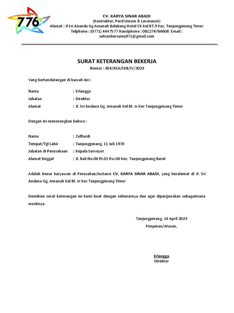 Contoh Surat Keterangan Kerja | PDF