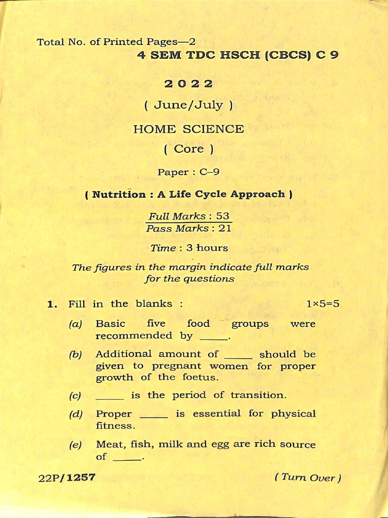 Home Science Exam Paper 2022 | PDF | Self-Improvement