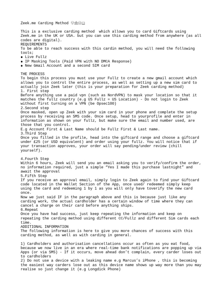 Zeek Me Carding Method PDF Gift Card Gmail