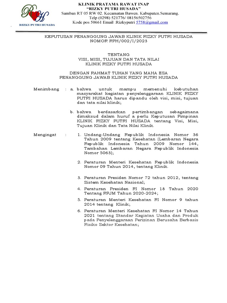 1.1.1 SK Visi Misi Tujuan Dan Tata Nilai Klinik RPH PDF