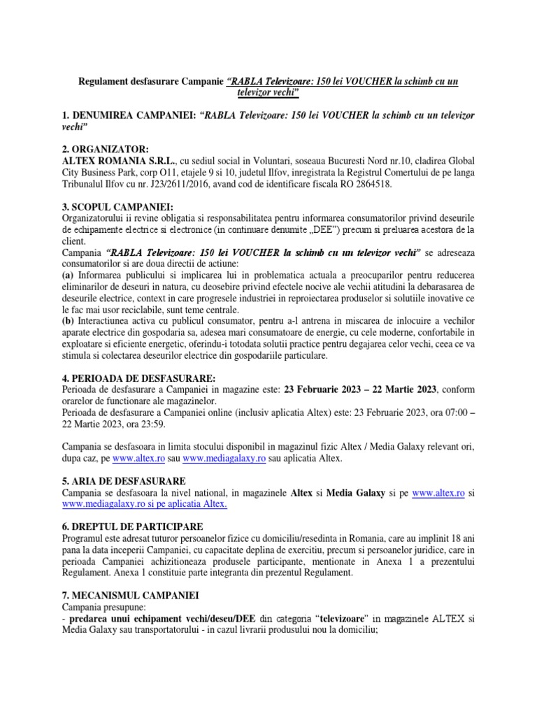 Regulament Rabla Televizoare Altex | PDF