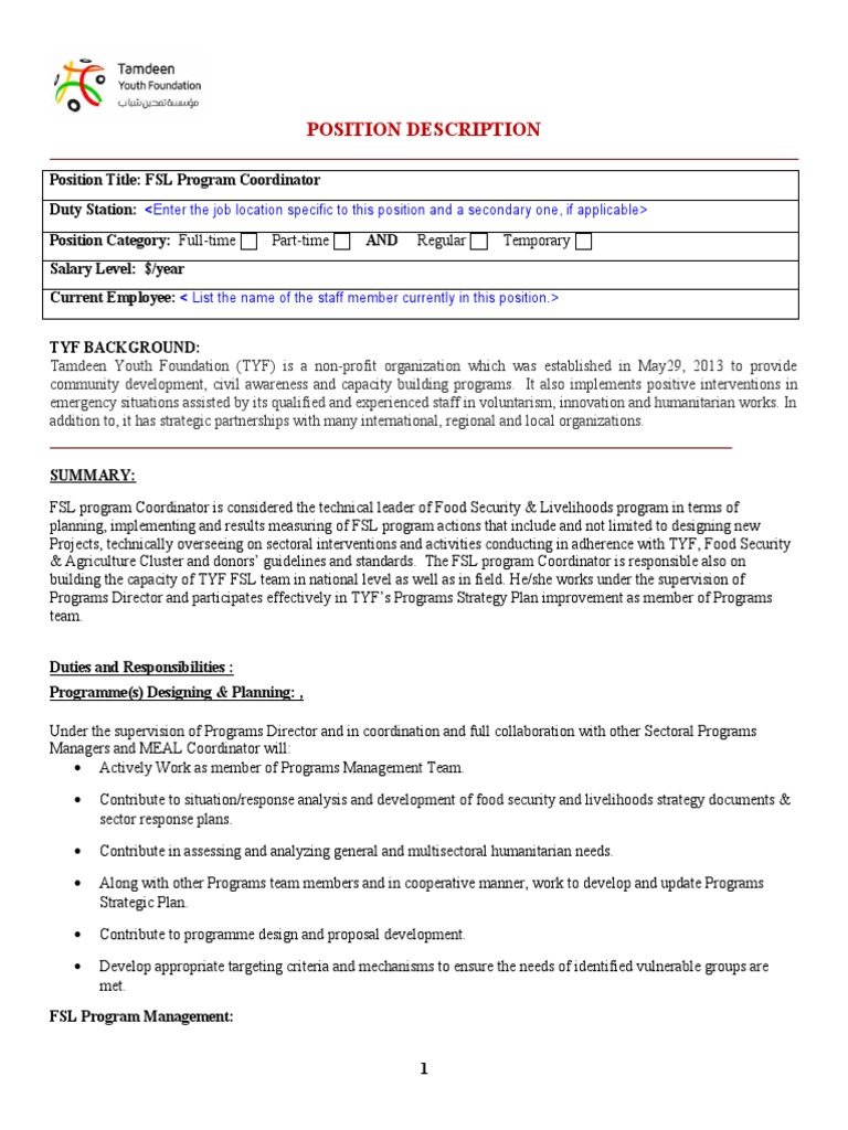 FSL Program Coordinator PD | PDF | Needs Assessment | Capacity Building