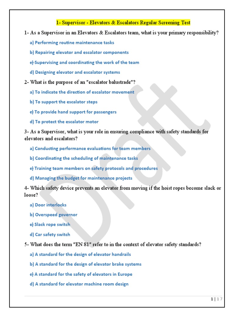 Supervisor Elevators Escalators Tests Pdf Elevator Escalator