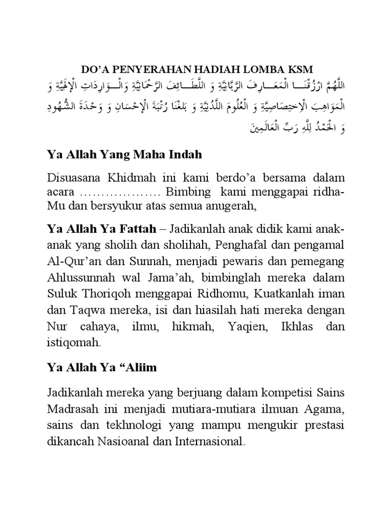 Doa Penyerahan Hadiah Lomba KSM | PDF