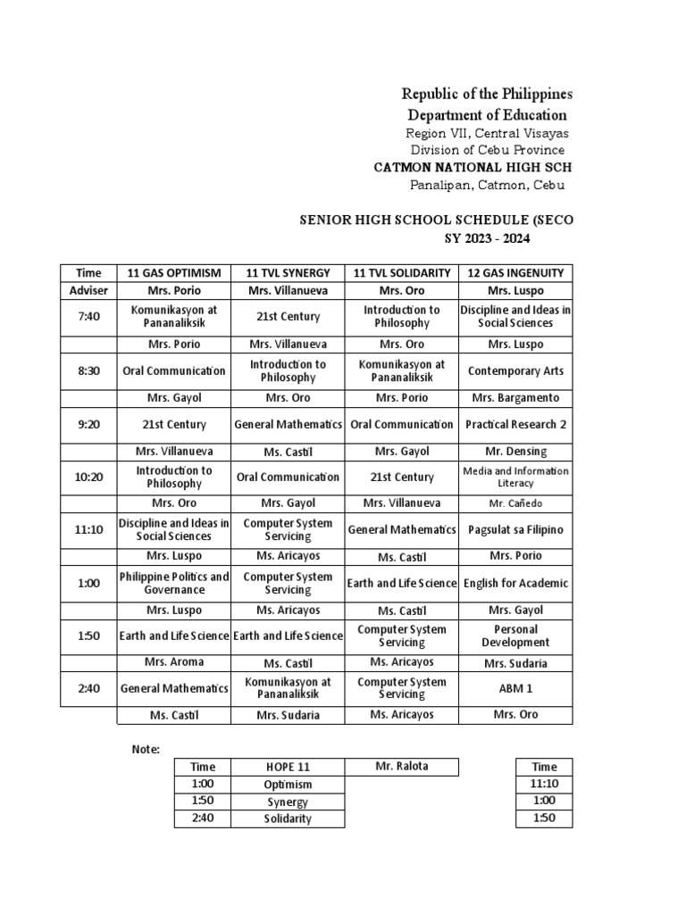 SHS Schedule | PDF | Cognition | Intelligence