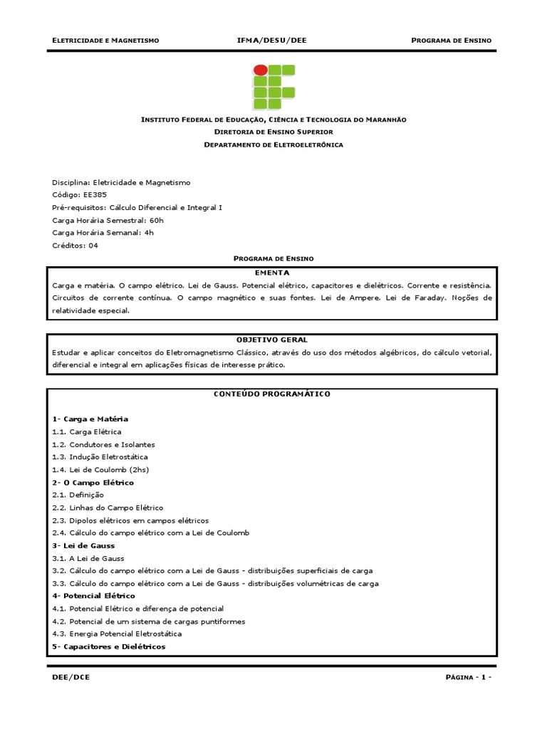 Programa de Ensino: Eletricidade e Magnetismo | PDF | Eletricidade ...