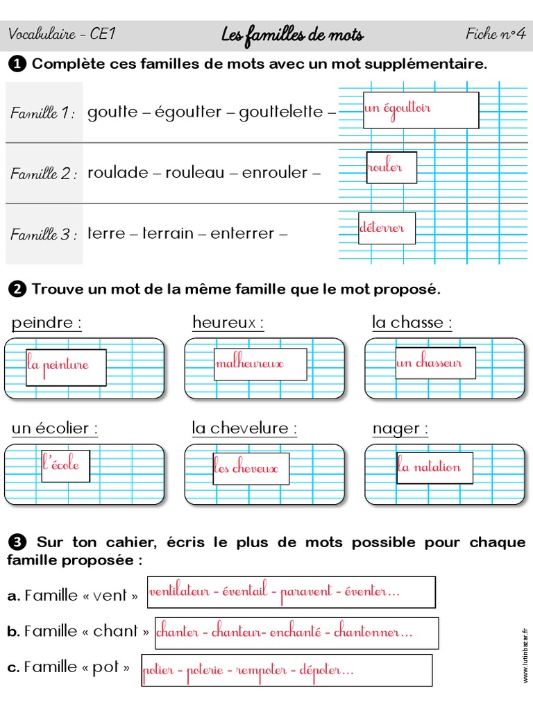 Mots De La Même Famille Que Chant Familles de Mots Fiches Dexercices CE1 LB - PDF 4 Correction PDF | PDF