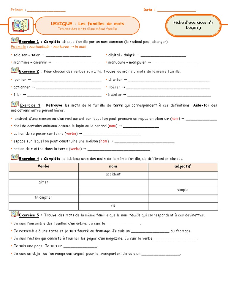 Exercices sur les familles de mots | PDF