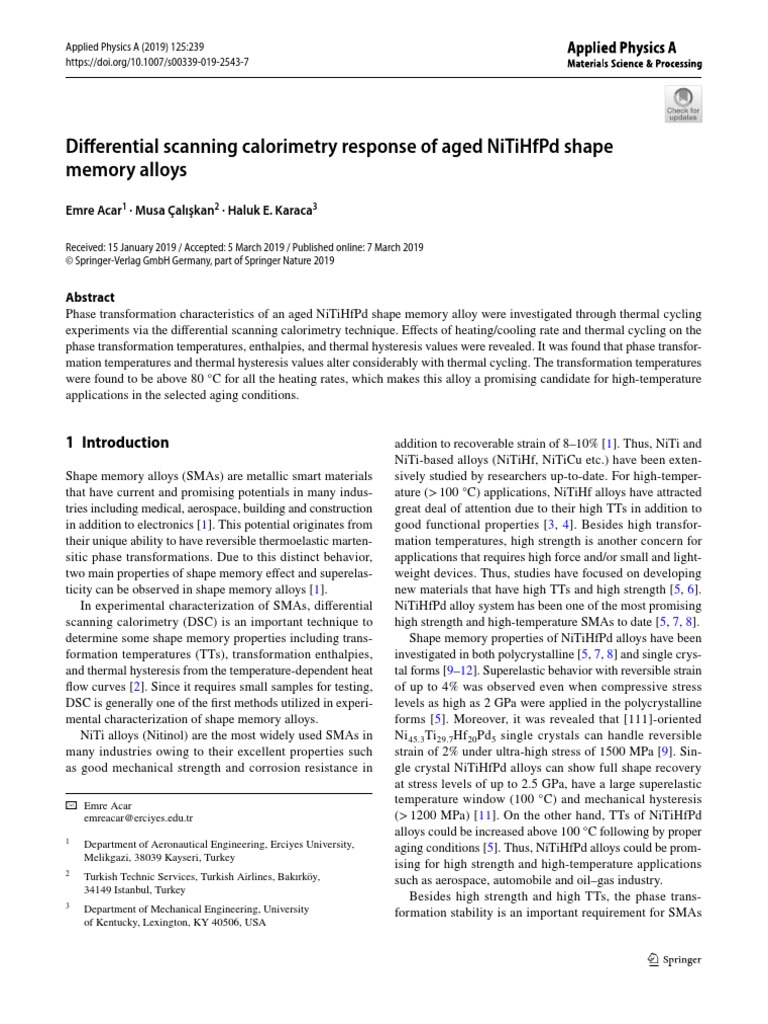 Differential scanning calorimetry response of aged nitihfpd shape