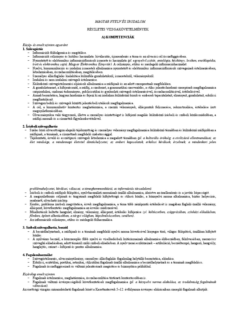 MAGYAR NYELV ÉS IRODALOM ÉRETTSÉGI VIZSGAKÖVETELMÉNYEK 2024TŐL PDF