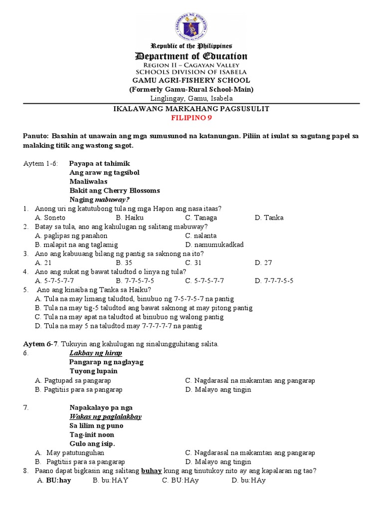 Filipino 9 Quarter 2 Exam Pdf