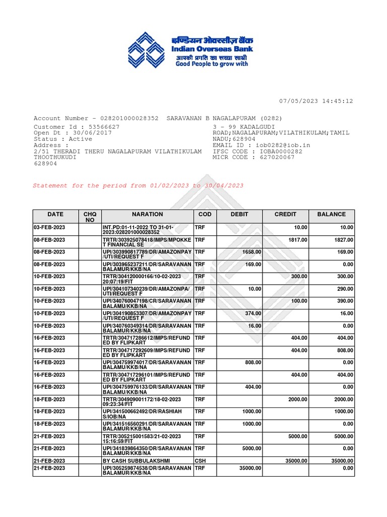 IOB Bank Statement Overview | PDF | Applications Of Cryptography ...