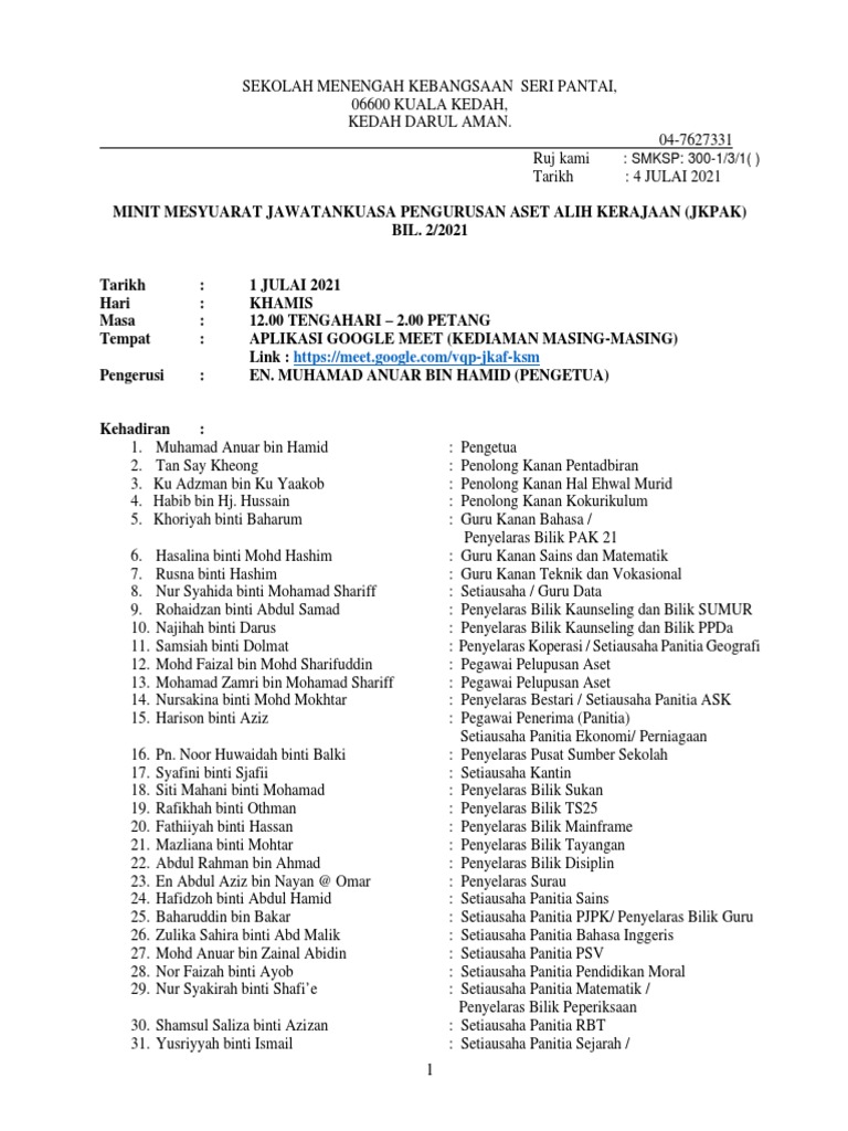 Minit Mesyuarat JKPAK 2 - 2021 | PDF