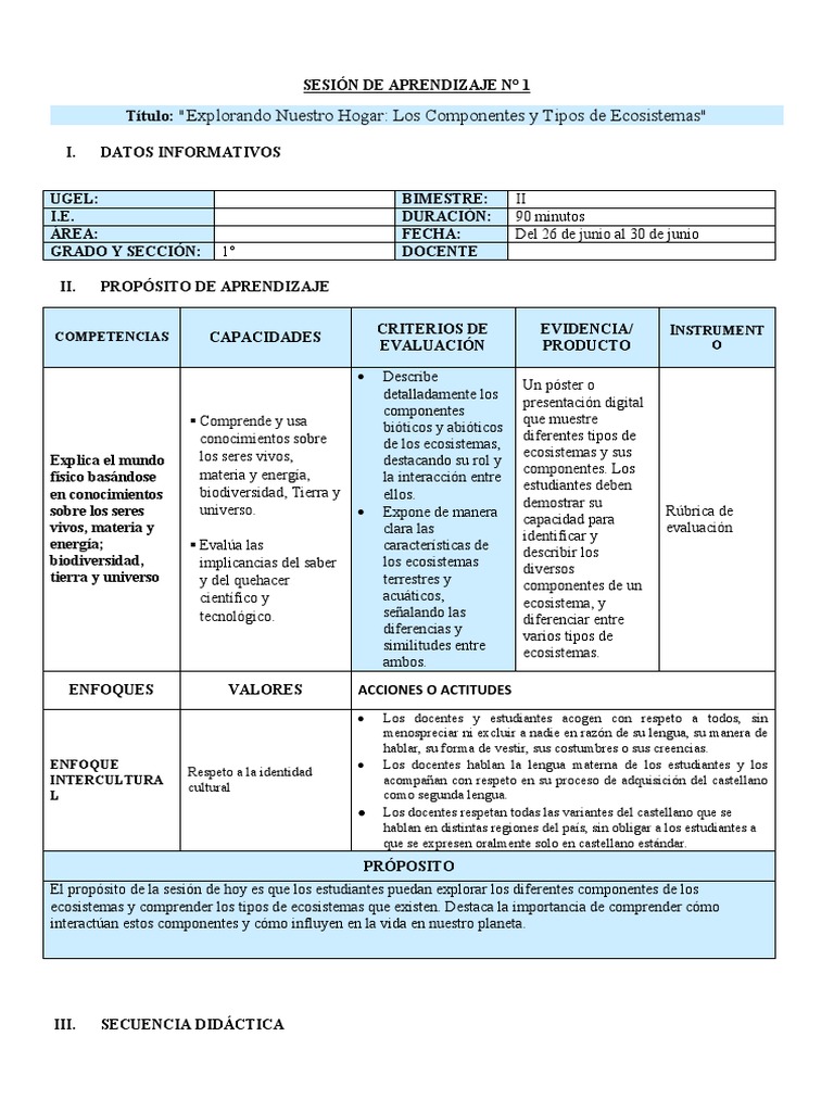 1° - Sesion de Aprendizaje - 1 - Unidad 4 - Secundaria | PDF ...