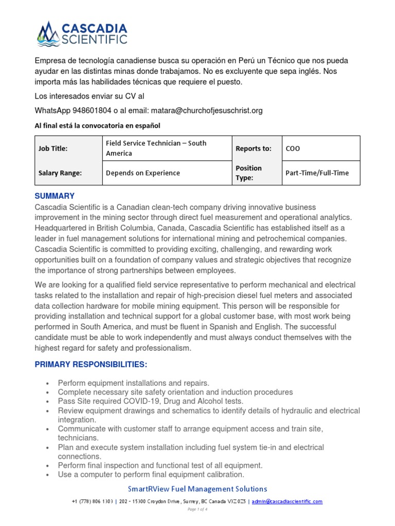 Job Description - Field Service Technician South America | PDF
