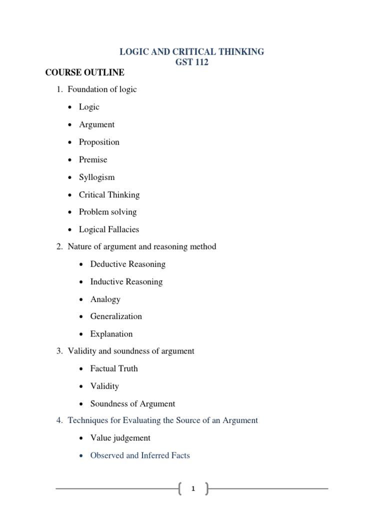 GST 112: Logic and Critical Thinking Outline | PDF | Argument | Logic