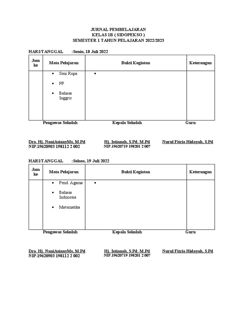Jurnal Pembelajaran Kelas 1 B 2022-2023 Ganjil | PDF