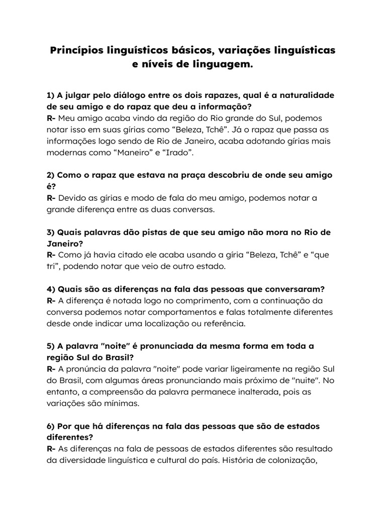 Princípios Linguísticos Básicos, Variações Linguísticas e Níveis de ...