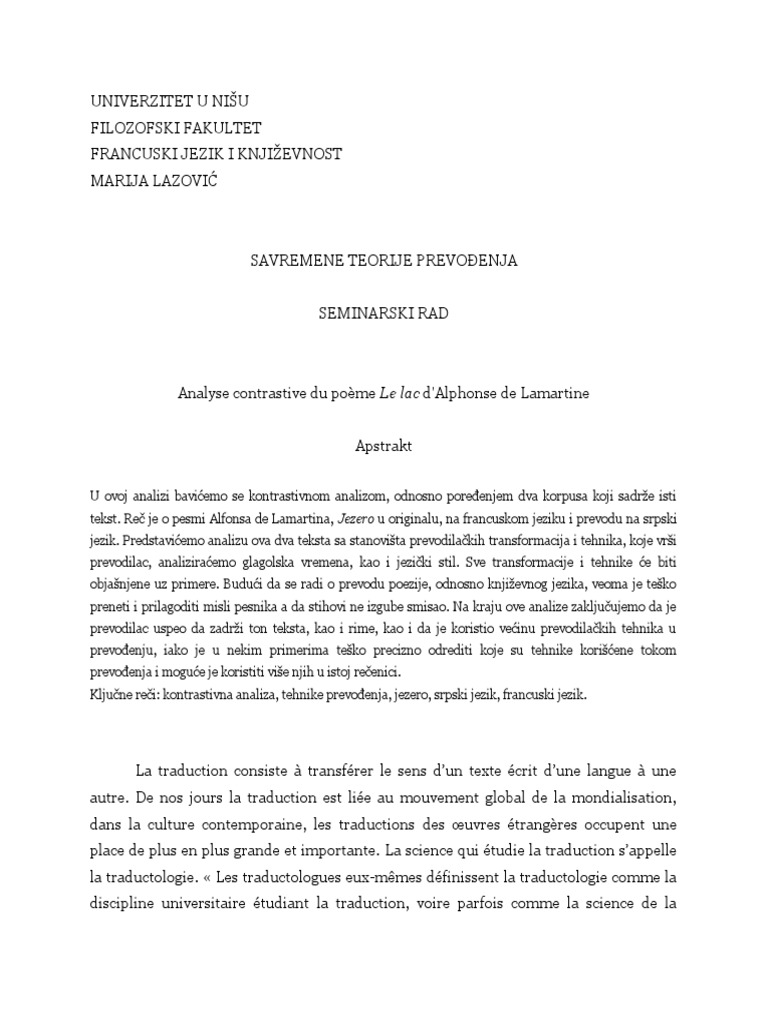 Analyse Contrastive Du Poème Le Lac D'alphonse de Lamartine PDF