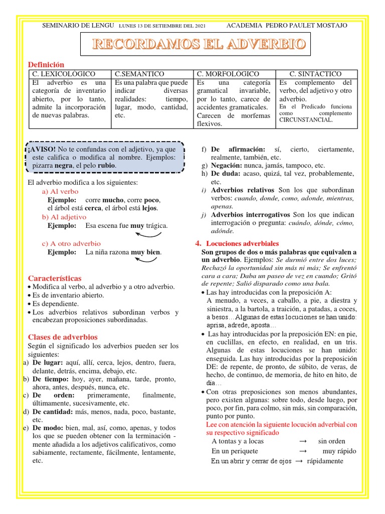 Ejemplos y Clases de Adverbios | PDF | Adverbio | Tipología Lingüística