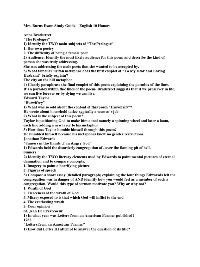 English 10 Honors Exam Study Guide | PDF | The Scarlet Letter | Romanticism
