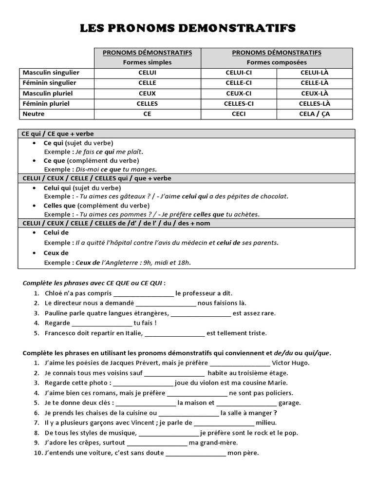 Exercices sur les pronoms démonstratifs | PDF | Pronom | Genre grammatical