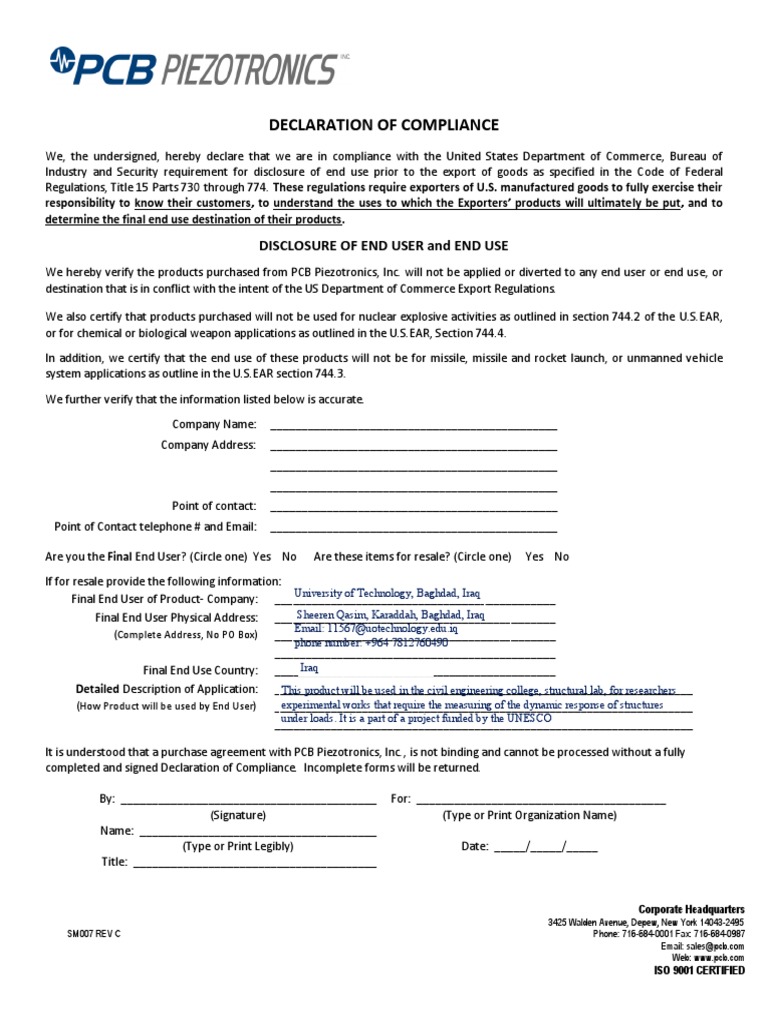 Compliance Declaration for Export Goods | PDF