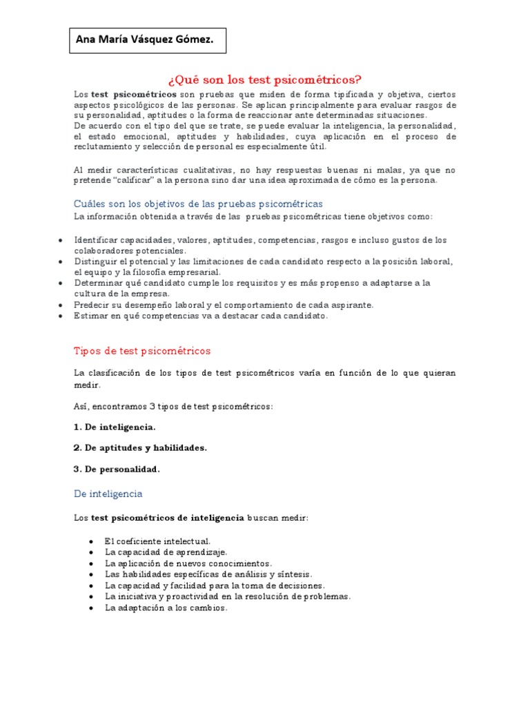 Definición de Test Psicométricos | PDF | Inteligencia | Pruebas ...