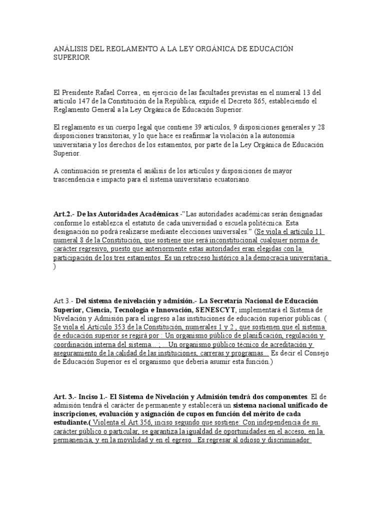 Análisis del Reglamento de Educación Superior | PDF | Educación más ...