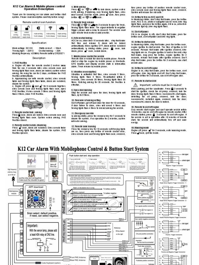 K12 Car Alarm & Mobile Control Guide | PDF | Vehicle Technology | Equipment